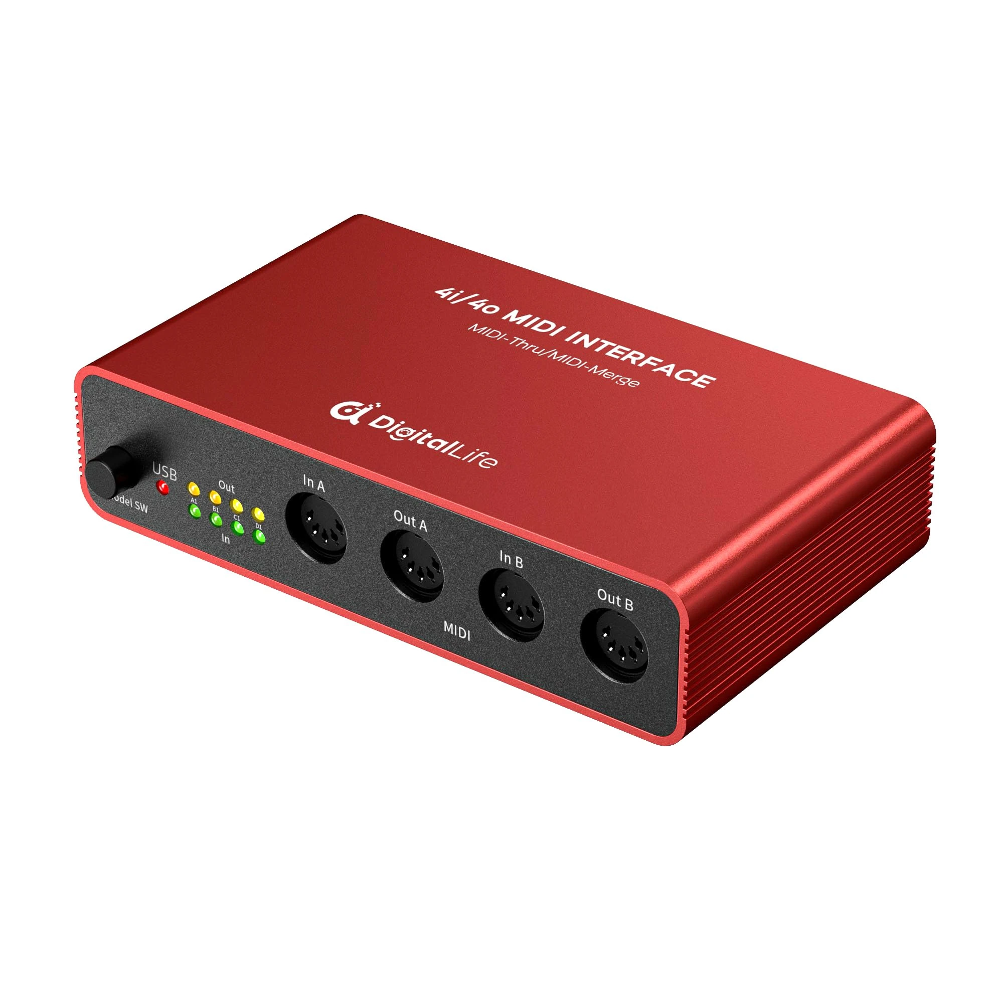 DigitalLife Standalone Quad-I/O 5-Pin DIN MIDI Interface - MIDI Thru Box (4-In/4-Out) & MIDI Merge Box (2-In/4-Out), 8 x LED Indicators, Metal Housing (UMB05)