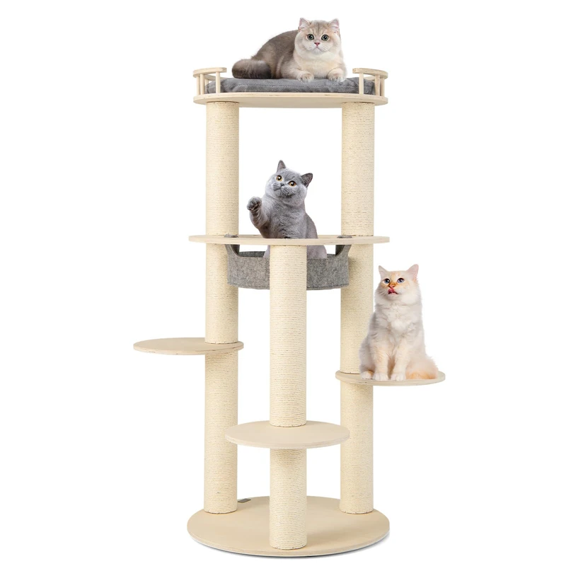 GYMAX Wooden Cat Tree, 150cm Cat Climbing Tower with Top Padded Perch, Hammock, 3 Platforms & Sisal Scratching Posts, Multi-level Large Play Center for Indoor Cats Kittens