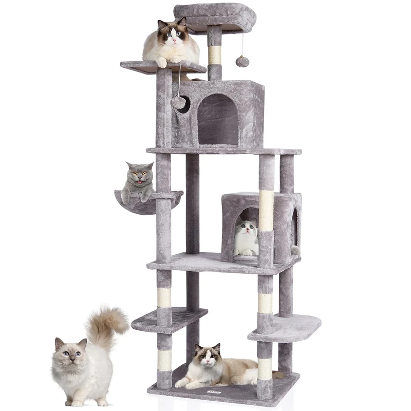 VEVOR Cat Tree, 68.5" Tower with 2 Condos, Sisal Post, Hammock, Perch, Platforms, Activity Center, Light Grey