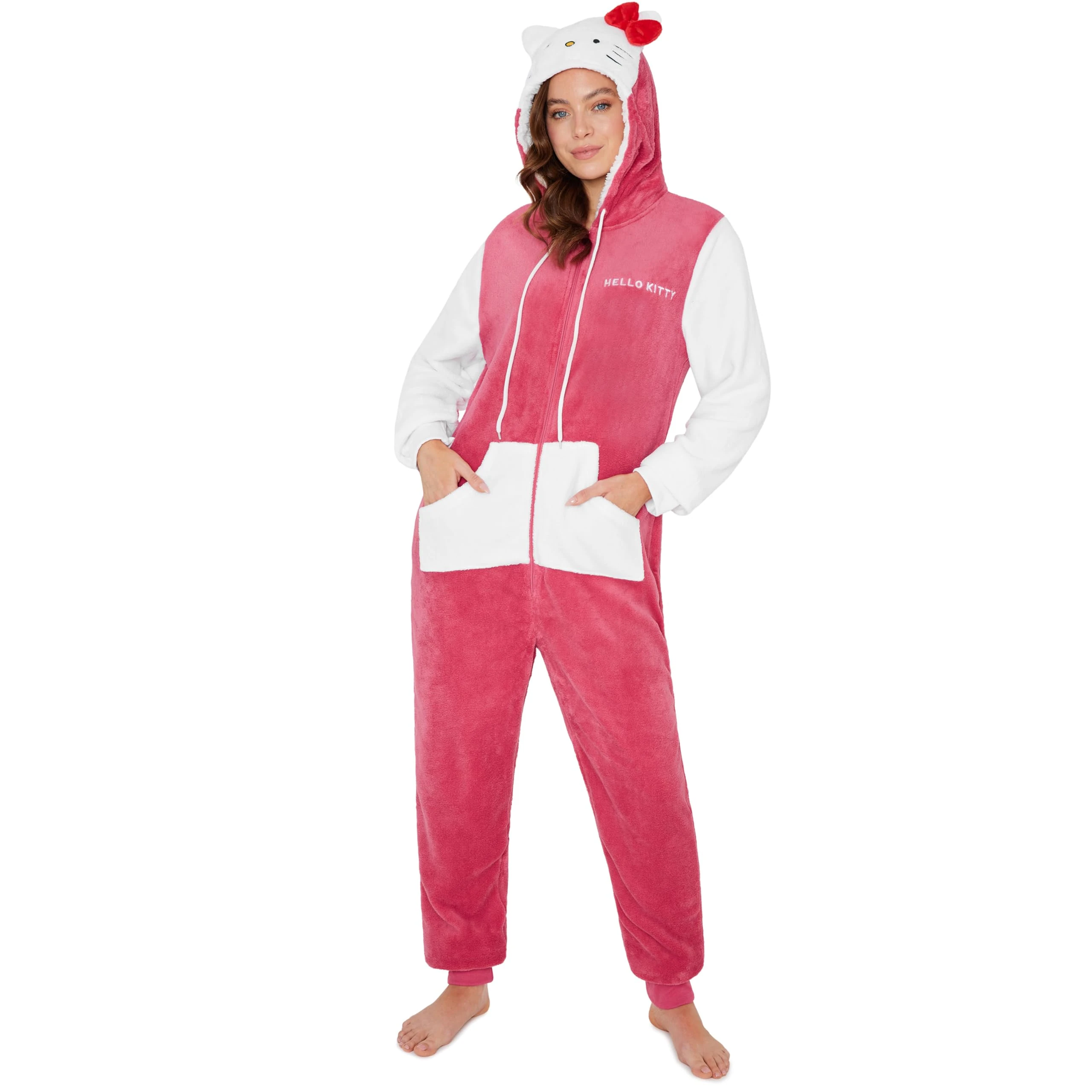 Hello Kitty Sanrio Womens Fleece Onesie with Hood 3D Ears, Cosy Loungewear Pyjamas Kawaii Sleepsuit Teens, Anime Gifts for Women (XL, Red)