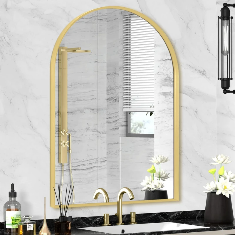 Minuover 22" x 30" Gold Arched Mirror, Arch Bathroom Vanity Wall Mirror, Modern Aluminum Alloy Metal Frame Arch Mirror for Bathroom, Living Room, Bedroom, Entryway, Tempered Glass, Shatter Proof