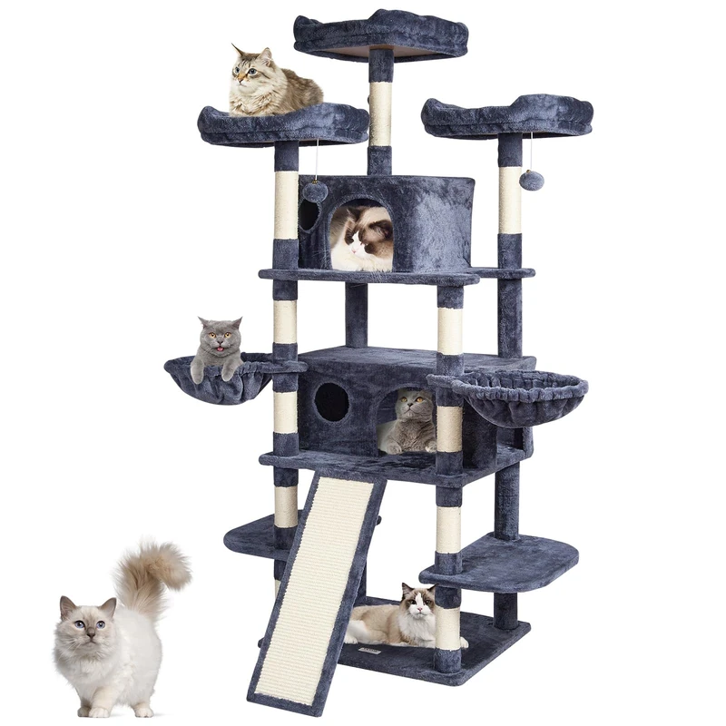 VEVOR Cat Tree for Indoor, 68.5" Cat Tower with 2 Condos, Sisal Scratching Post, Hammocks, Top Perches, Jumping Platforms and Ramp, Furniture Activity Center with Hang Balls, Dark Grey