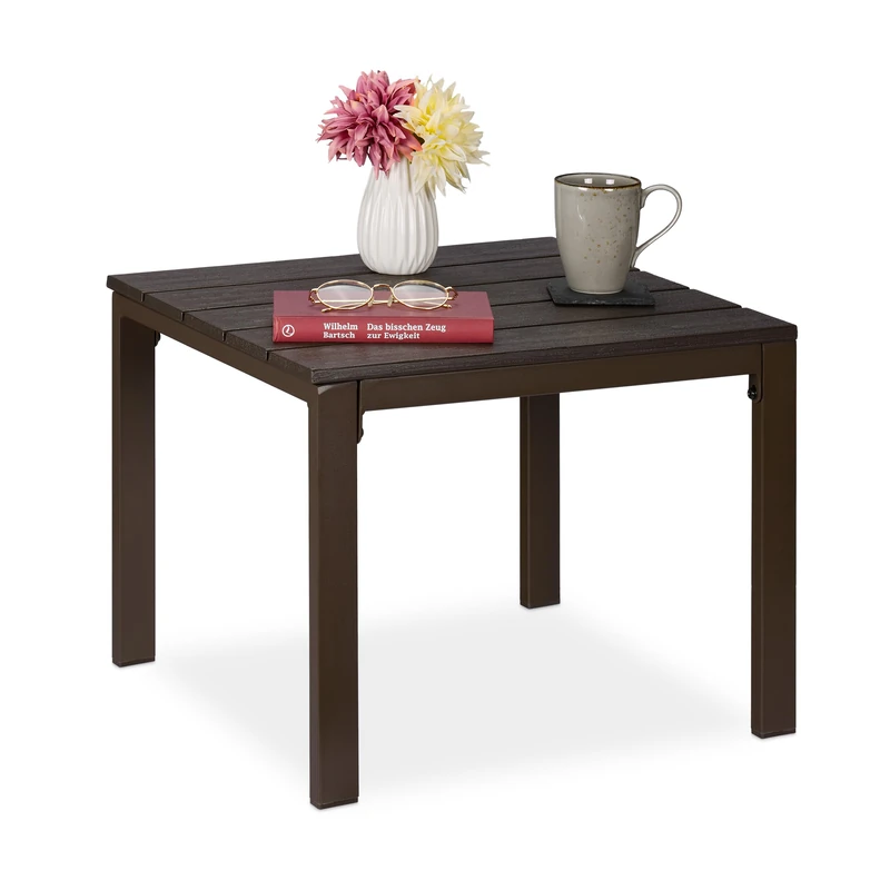 Relaxdays Side Table for Balcony, Weatherproof, Also for Terrace and Garden, HWD: 39 x 52 x 48 cm, Outdoors, Brown