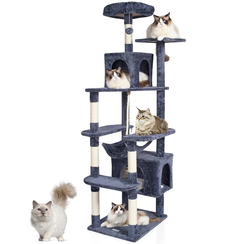VEVOR Cat Tree for Indoor, 72" Cat Tower with 2 Condos, Sisal Scratching Post, Hammock, Top Perch, Jumping Platforms, Large Furniture Activity Center with Hang Ball, Dark Grey