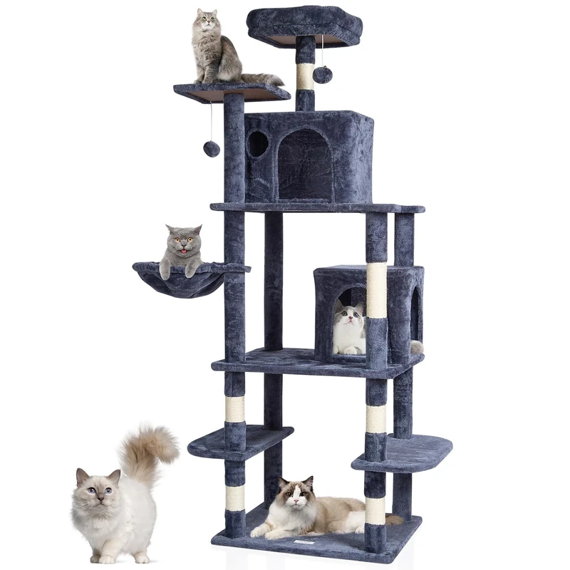 VEVOR Cat Tree for Indoor, 68.5" Cat Tower with 2 Condos, Sisal Scratching Post, Hammock, Top Perch, Jumping Platforms, Large Furniture Activity Center with Hang Ball, Dark Grey