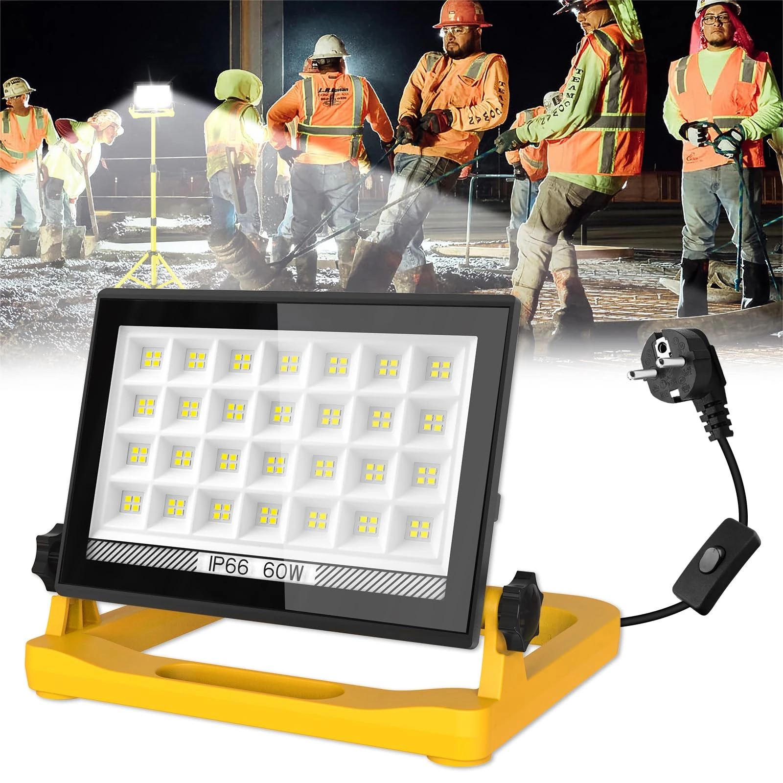 LED Work Light with Stand, T-SUN 5400Lumen Floodlight with 3 Brightness Dimmable IP66 Waterproof Work Lights with 13FT Cord for Indoor Outdoor Worksite Job Site Garage