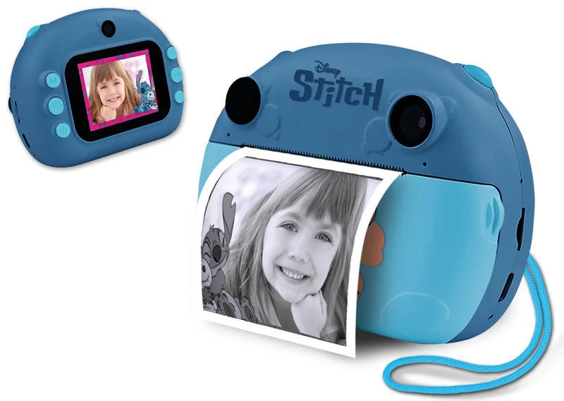 Lisciani - DISNEY Stitch Instant Camera - Capture, Print and Share For Kids 6+ Months - Selfie and Video Function - Includes 3 Rolls for 180 Photos, Strap and Charger, Blue