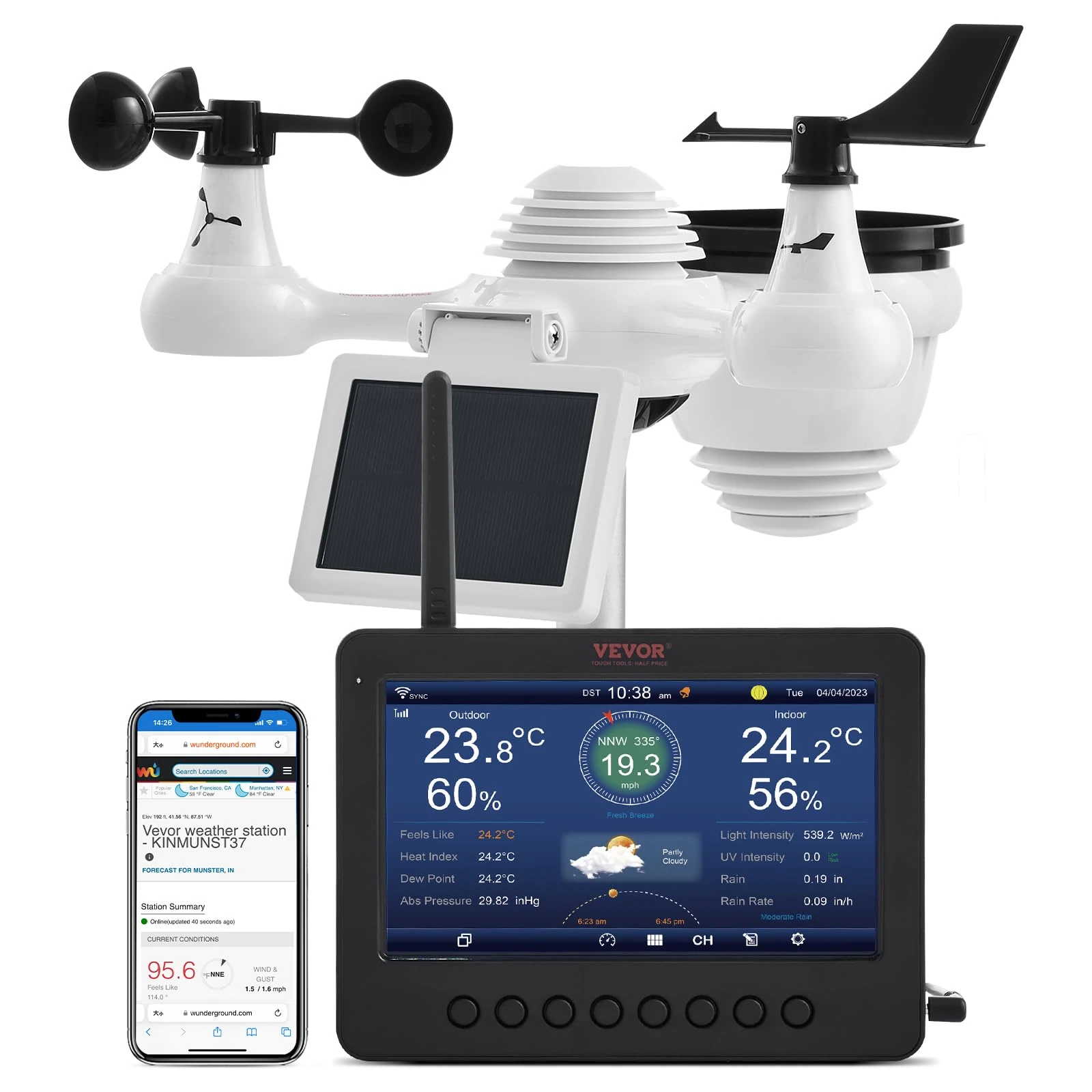 VEVOR 7-in-1 Wi-Fi Weather Station, 7" TFT Color Display, Wireless Weather Station with Solar-Powered Sensor, Indoor Outdoor Monitoring for Temperature, Humidity, Wind Speed Direction, and Rainfall