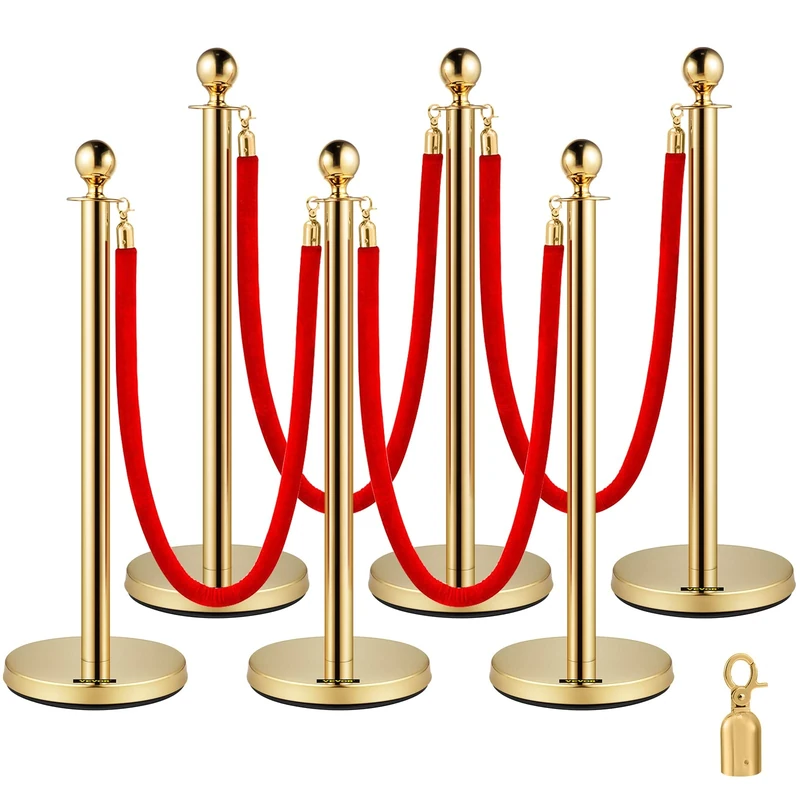 VEVOR Stanchion Post with Velvet Rope, 6-Pack Crowd Control Stanchion with 4PCS 5FT Red Velvet Ropes, Stainless Steel Queue Barrier Line Divider with Ball Top for Events, Museums, Parties