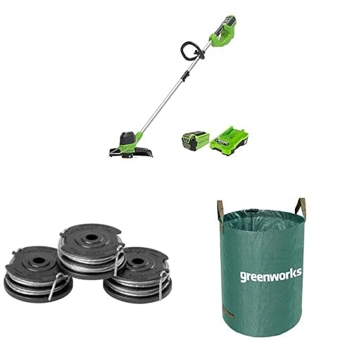 Greenworks 40V Cordless Strimmer for Gardens, 30cm Cutting Width, Two of 40V 2Ah Batteries & Charger, G40LT + 4.8m Strimmer Spool 3 Packs+ 120L Garden Waste Leaf Bag