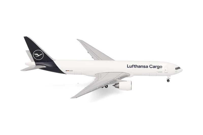 Herpa Model Airplane Lufthansa Cargo Boeing 777F, miniature scale 1:500, collectible, airplane model without stand, metal