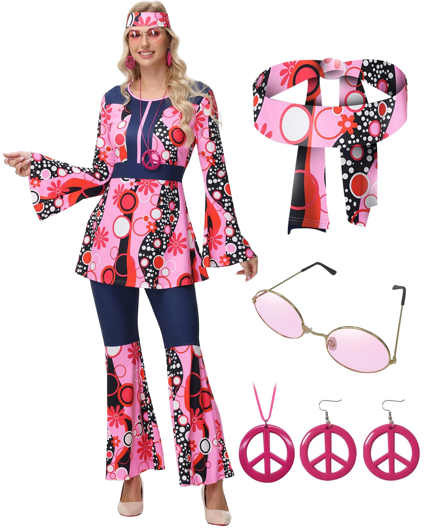 ELFIN 60s 70s Hippie Costume Women's Set, Hippie Clothing Accessories with hippie Top Bell Pants, Glasses, Headband, Necklace, Earrings, Disco Outfit Women's Carnival Theme Party Halloween