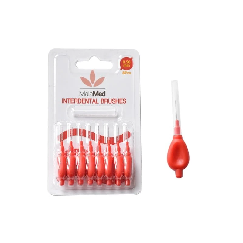 MalaMed Pack of 8 Interdental Brushes Red 0.5mm, Dental Brush for Cleaning Between Teeth, Clean Narrow Gaps for Oral Hygiene, Floss for Plaque Removal
