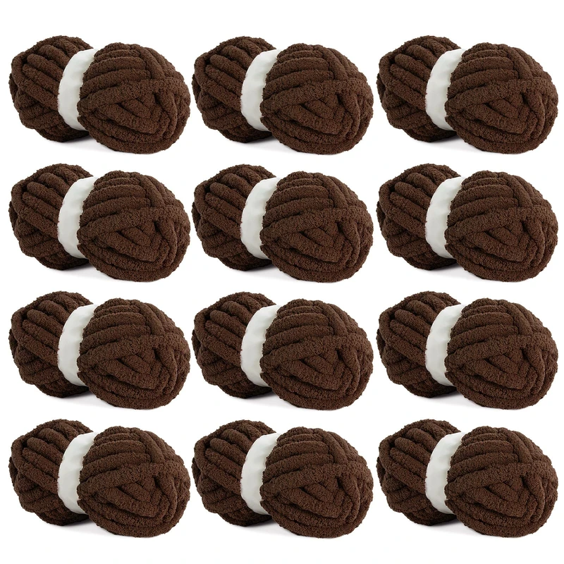 Hombys Dark Coffee Chunky Chenille Yarn for Crocheting and Knitting, Super Bulky Thick Fluffy Yarn for Hand Knitting Blanket, Soft Plush Yarn, 12 Jumbo Pack (27 yds, 8 oz Each Skein)