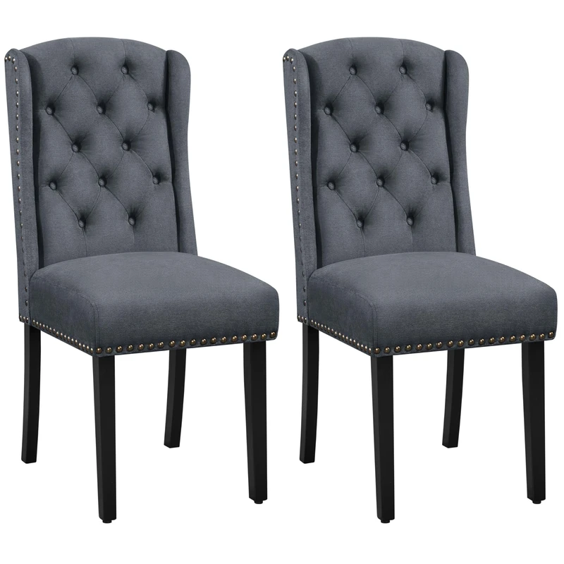 Yaheetech Dining Chairs Set of 2 Upholstered Button Tufted Kitchen Dining Room Chairs with Solid Wooden Legs for Home, Deep Grey