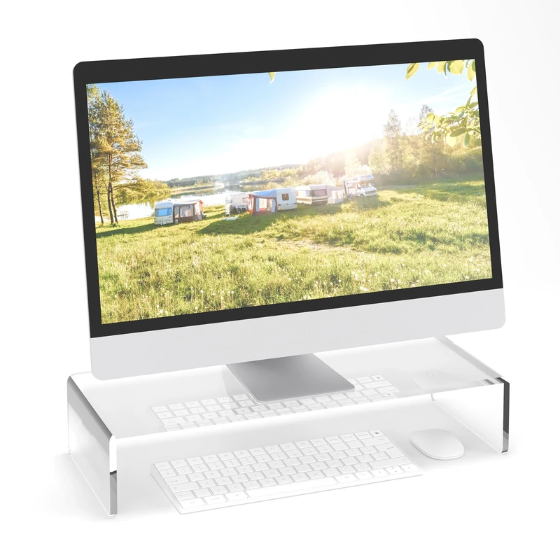 Relaxdays Acryl Monitor Stand, Ergonomic Screen Holder, Neck Comfort, Office and Home, HWD: 10 x 50 x 20 cm, Transparent