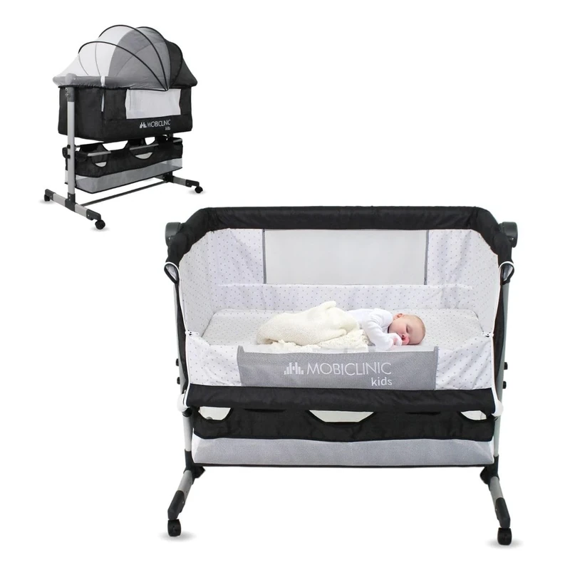 Mobiclinic®, 3-in-1 Crib, Night, Co-sleeping, Adjustable Height, Mattress, Mosquito Net, 360° Wheels, Straps, Storage Basket, Up to 20 kg, Black