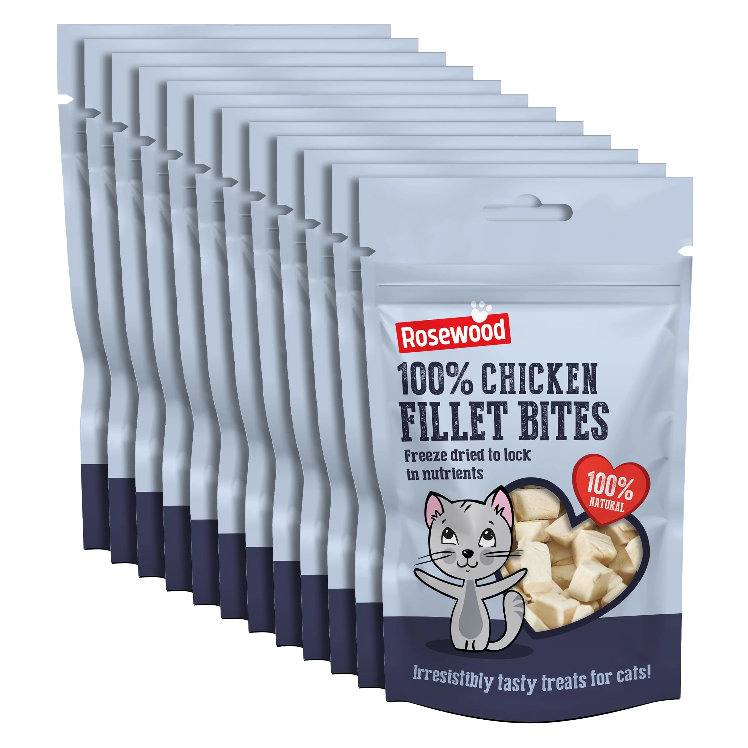 Rosewood Freeze Dried Chicken Bites for Cats - All Natural Chicken Fillet, Small, Bite-Sized Cat Treats, Grain-Free, Natural and Healthy Cat Snacks (Case of 12 x 15g Packs)