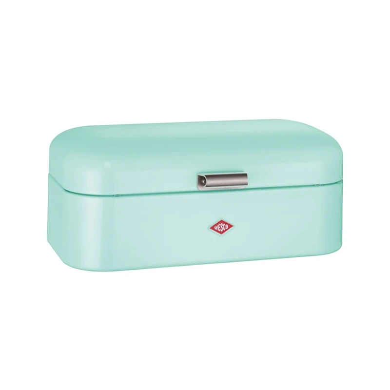 WESCO Grandy bread bin in mint colour, powder-coated sheet steel, ventilation holes and sturdy handle