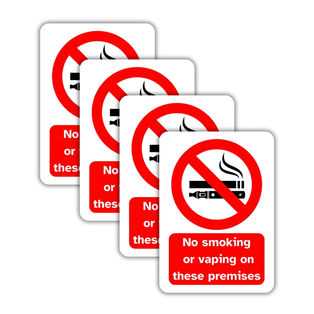 No Smoking or Vaping Vinyl Signs, 75mm x 100mm, Self-Adhesive Stickers, Waterproof, Indoor/Outdoor Use, Safety Warning Sign, C&J Goods (No Smoking Or Vaping on These Premises, 4 Pack)