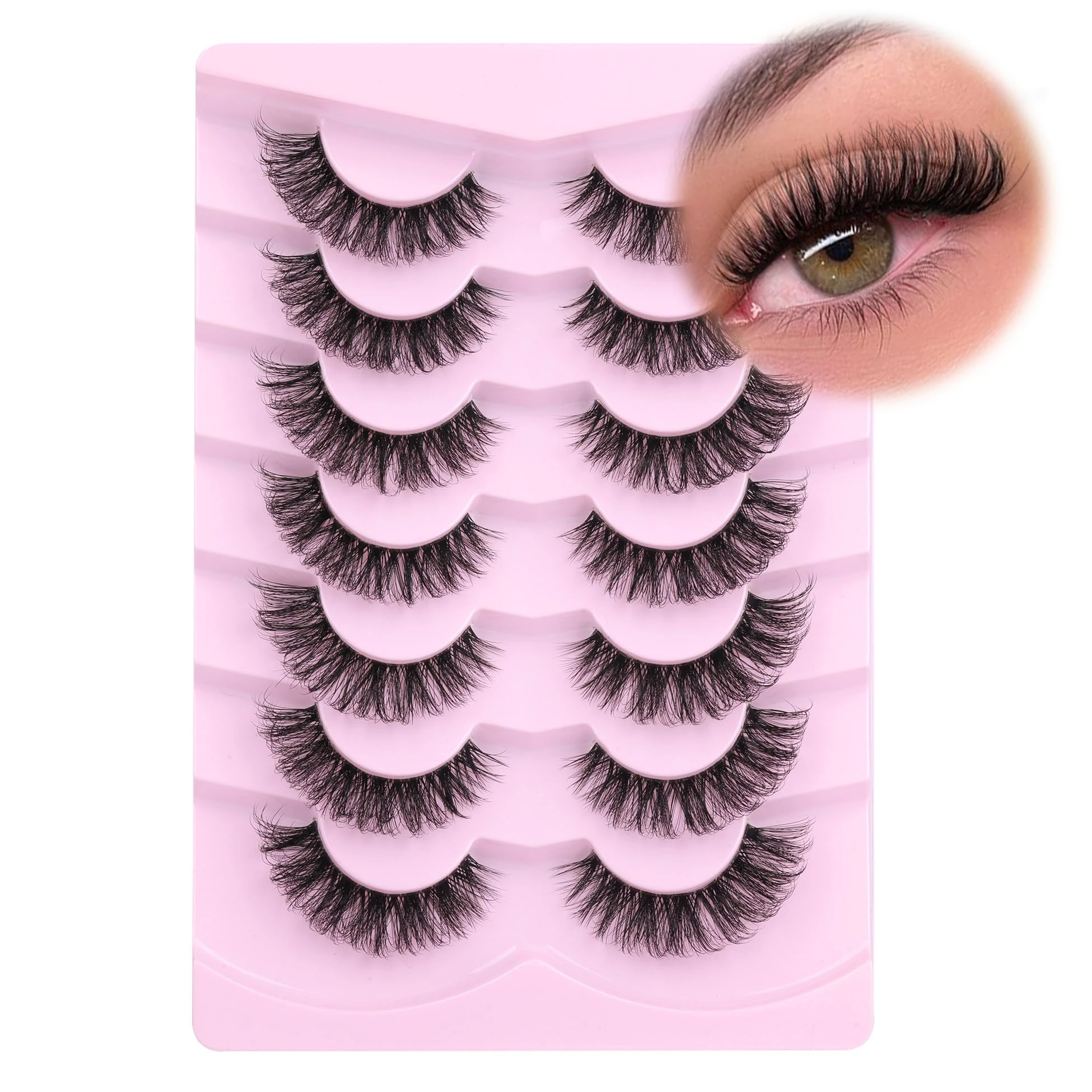 Mavphnee Natural Look Wispy D Curl False Eyelashes Cat Eye Fake Lashes Strips 7 Pairs Clear Band Fluffy False Lashes Pack