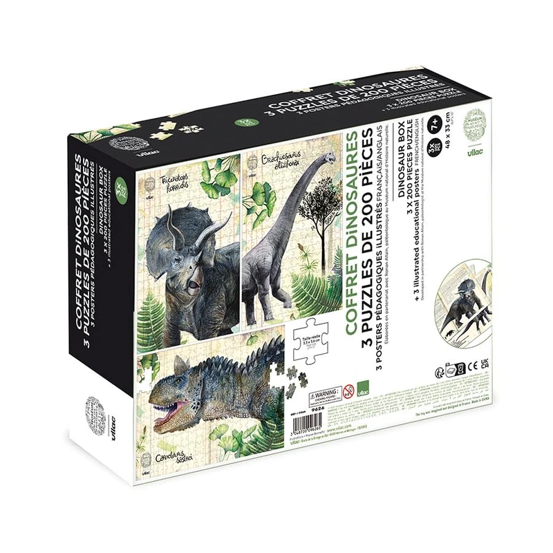 Vilac - Set of 3 Dinosaur Puzzles with Posters, 9626, Multicolour