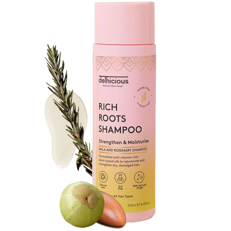 Delhicious Amla Oil & Rosemary Oil Shampoo for Hair Growth - Rich Roots Vegan Shampoo for Thinning Hair, Damaged Hair - Dry Scalp Treatment with Argan Oil - Natural, Ayurveda Hair Treatment - 250ml