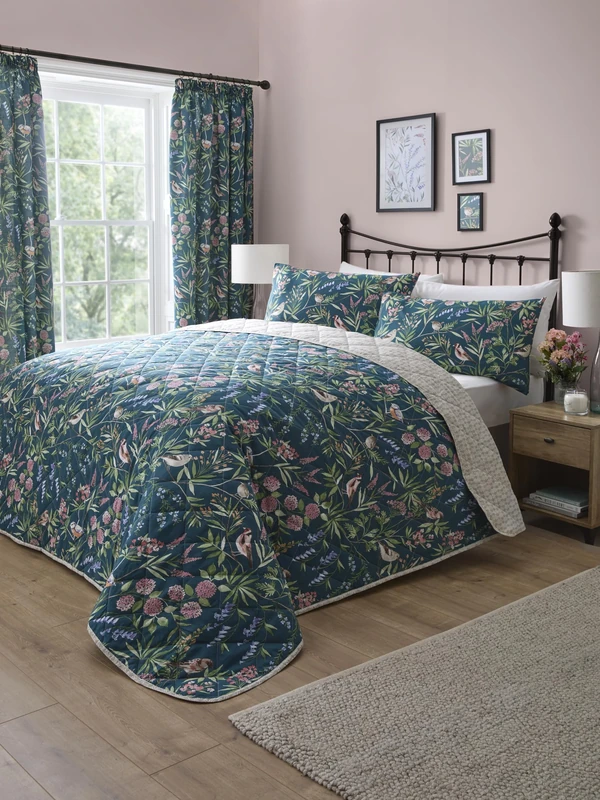 Dreams & Drapes Teal Floral & Bird Bedspread (230cm X 200cm) - Reversible (2 Designs) - Floral Quilt Bedspread with Botanical Prints & Spring Birds, Green