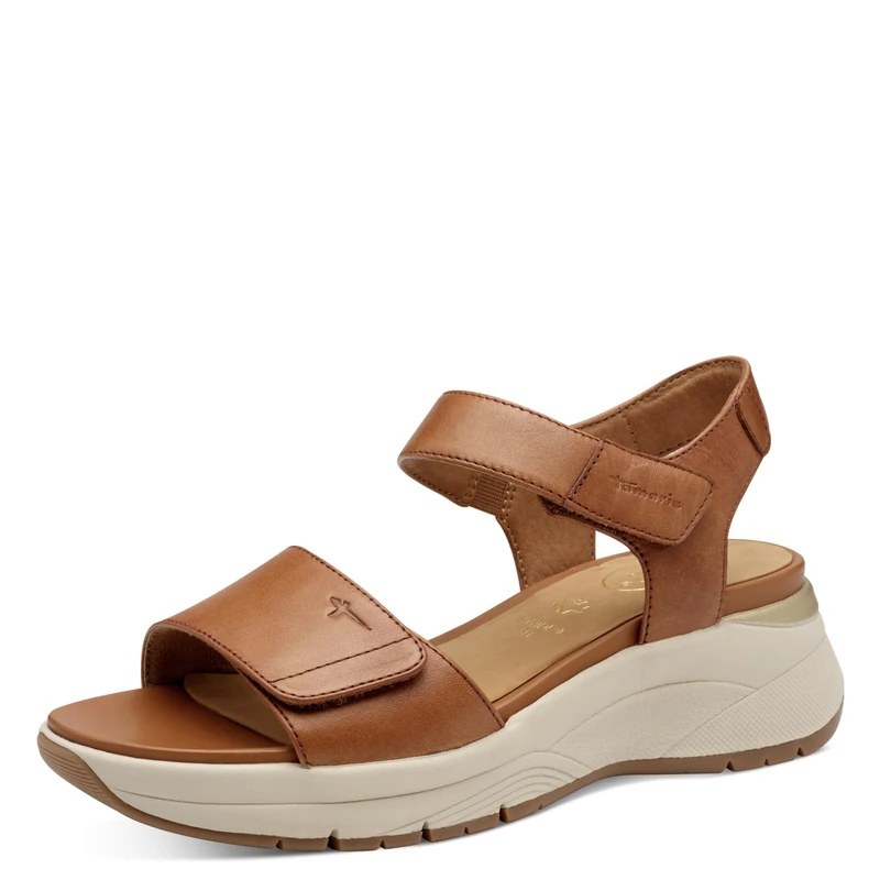 Tamaris Comfort Women’s Flat Leather Sandals with Velcro, Nut, 4 UK