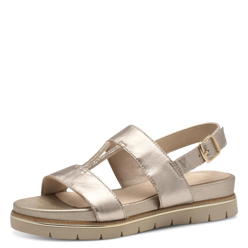 Tamaris Comfort Women’s Flat Leather Sandals with Glitter Details, Lt Gold, 6,5 UK