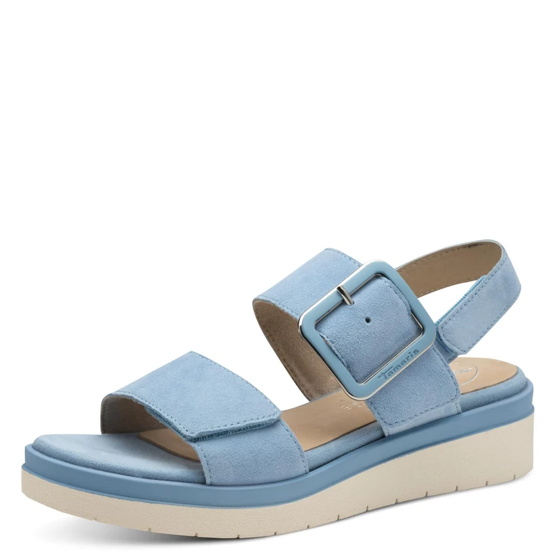 Tamaris Comfort Women’s Flat Leather Sandals with Buckle, Lt Blue Suede, 8 UK