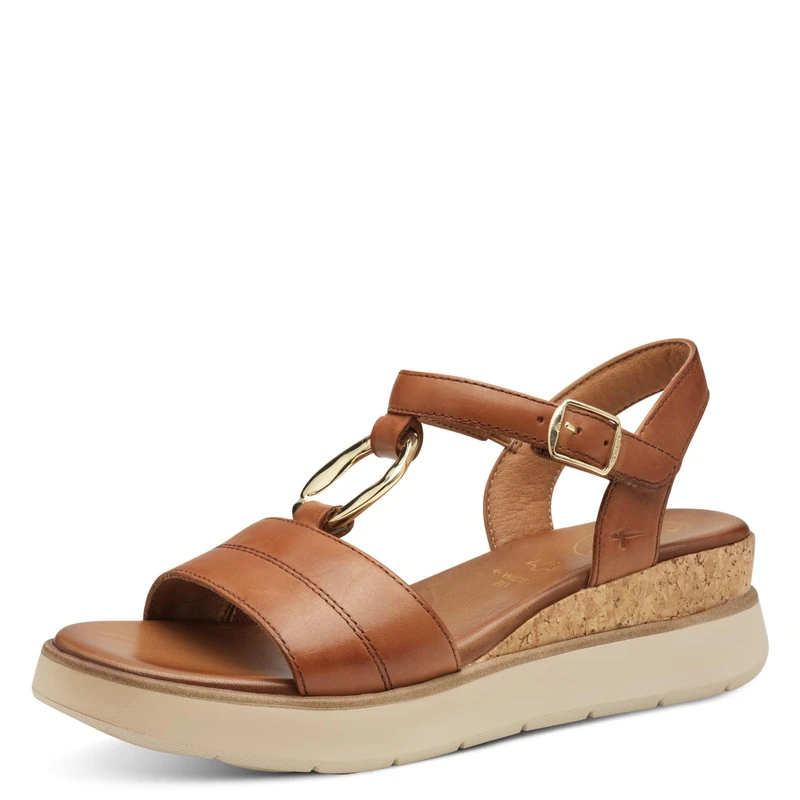 Tamaris Comfort Women’s Flat Leather Sandals Summer, Cognac, 5 UK