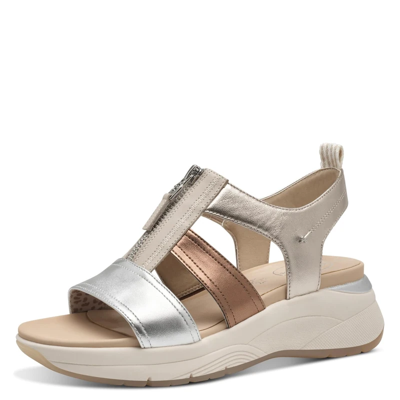 Tamaris Comfort Women’s Flat Leather Sandals with Zip, Metallic Comb, 8 UK - Image 1