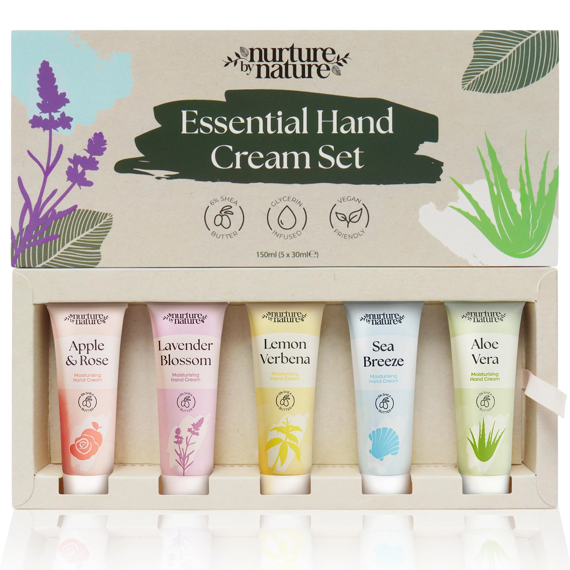 Nurture by Nature Hand Cream Gift Set 5x30ml – With Shea Butter & Glycerin for Dry Hands – 5 Fragrances – Travel Size Hand Moisturiser – Vegan, Cruelty Free – Birthday or Mother’s Day Gift for Her