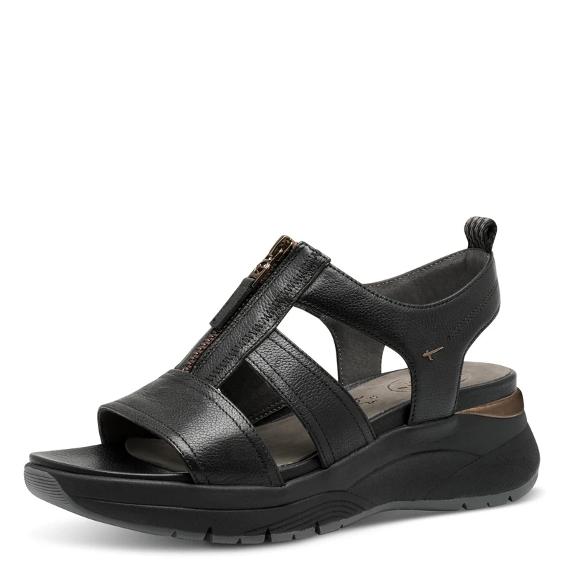 Tamaris Comfort Women’s Flat Leather Sandals with Zip, Black Uni, 5 UK - Image 1