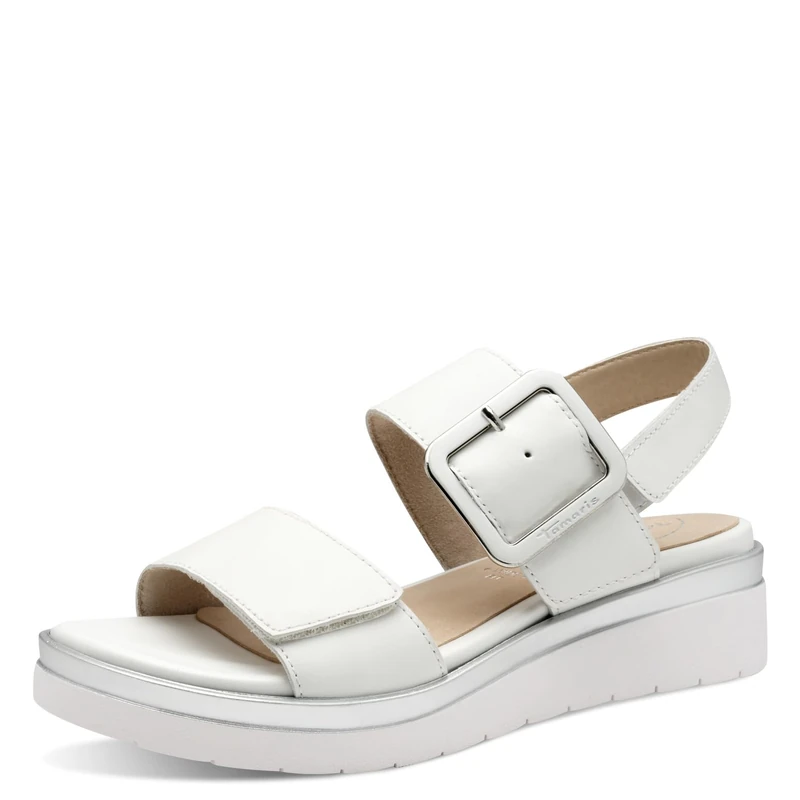Tamaris Comfort Women’s Flat Leather Sandals with Buckle, White/Silver, 4 UK