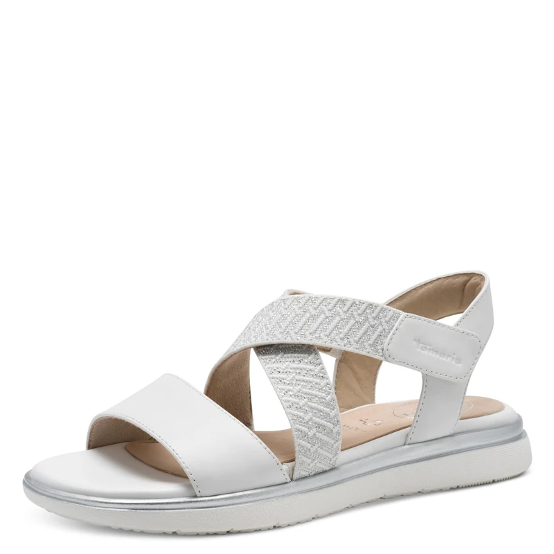 Tamaris Comfort Women’s Flat Leather Sandals with Velcro, White, 4 UK
