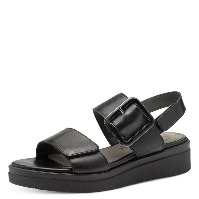 Tamaris Comfort Women’s Flat Leather Sandals with Buckle, Black Nappa, 4 UK