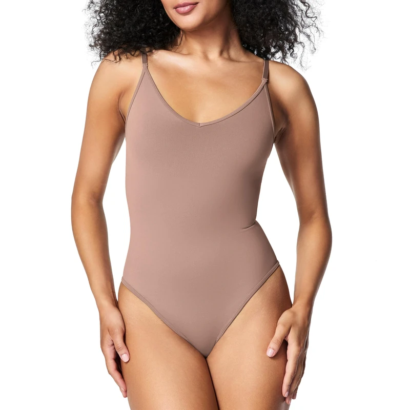 SPANX Women's Seamless Power High-Waisted Thong Shapewear Bodysuit, Cafe Au Lait, L