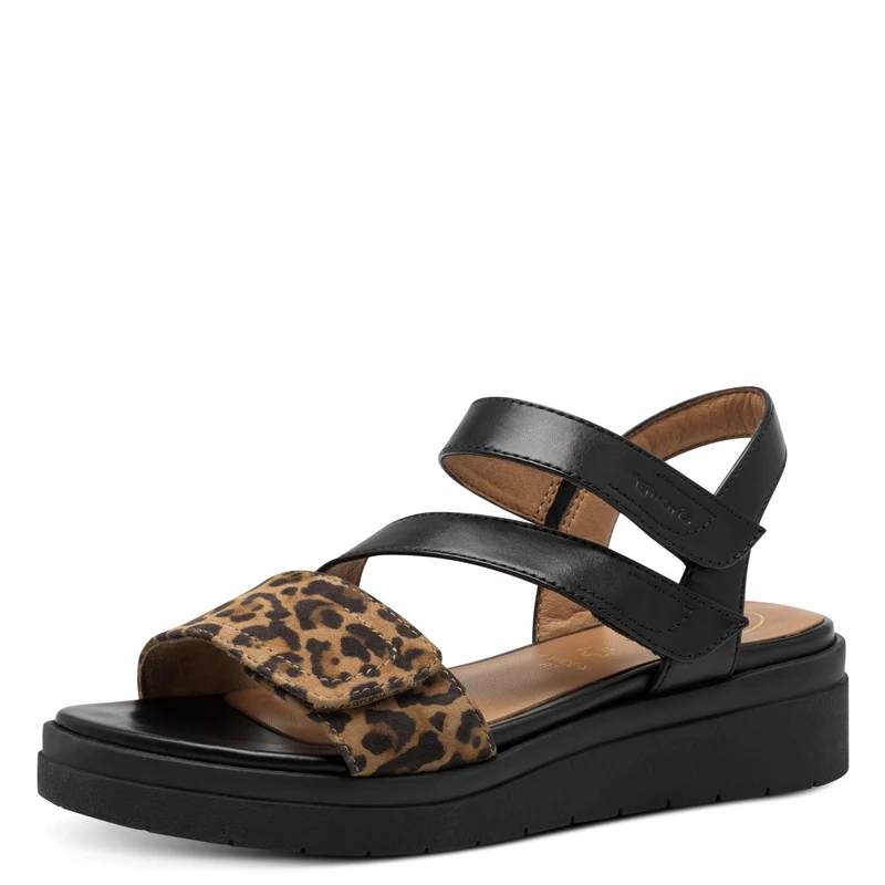 Tamaris Comfort Women’s Flat Leather Sandals with Velcro, Black/Leo, 4 UK