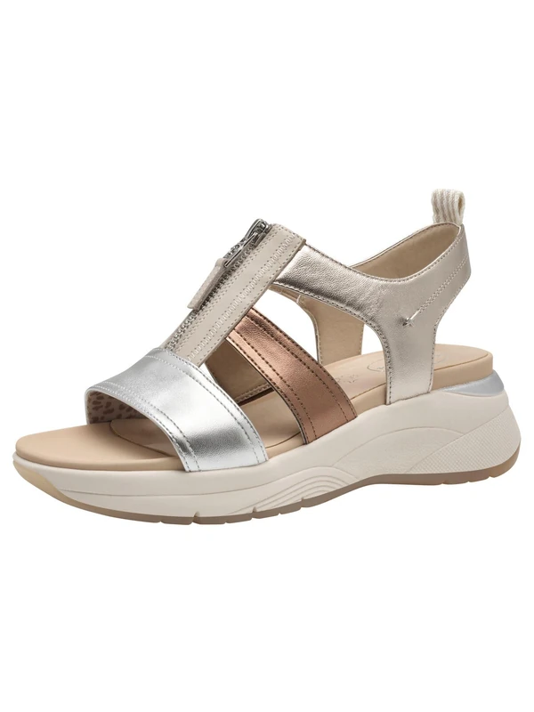 Tamaris Comfort Women’s Flat Leather Sandals with Zip, Metallic Comb, 6 UK