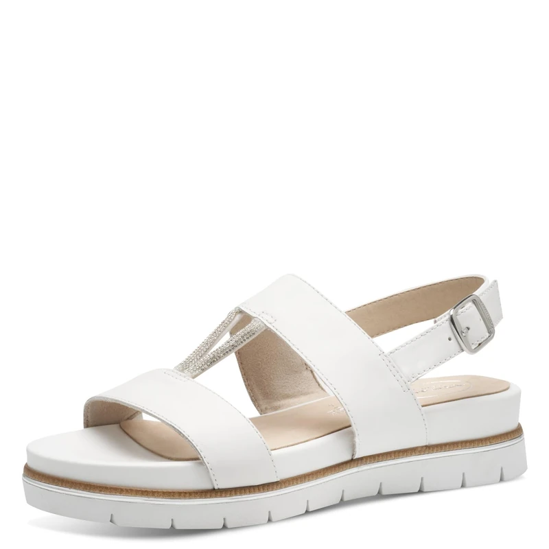 Tamaris Comfort Women’s Flat Leather Sandals with Glitter Details, White, 7,5 UK