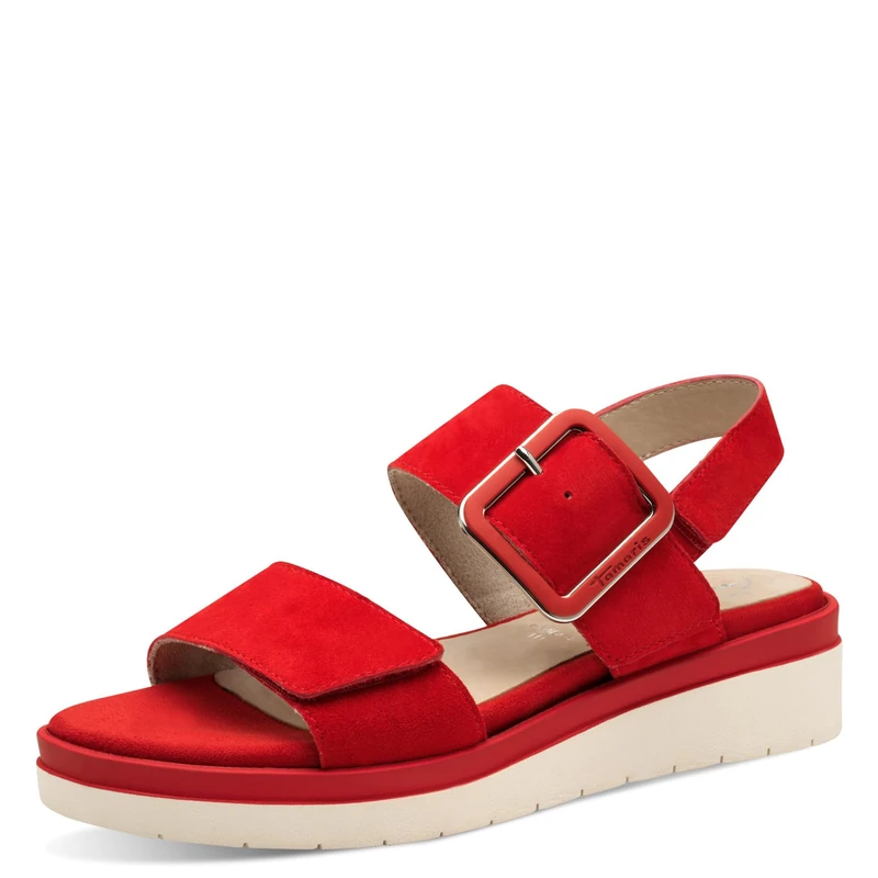 Tamaris Comfort Women’s Flat Leather Sandals with Buckle, Red Suede, 4 UK