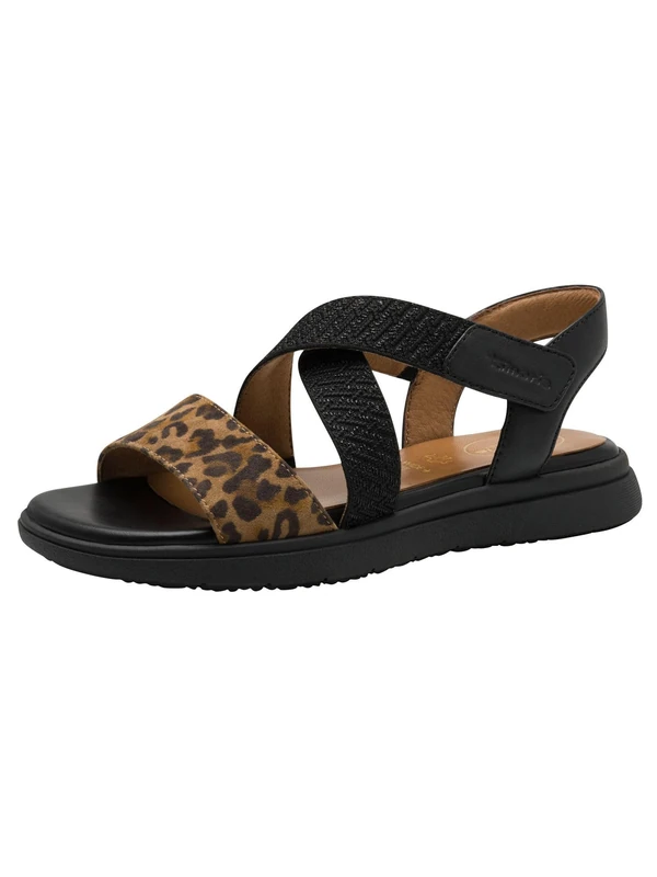Tamaris Comfort Women’s Flat Leather Sandals with Velcro, Black/Leo, 6,5 UK