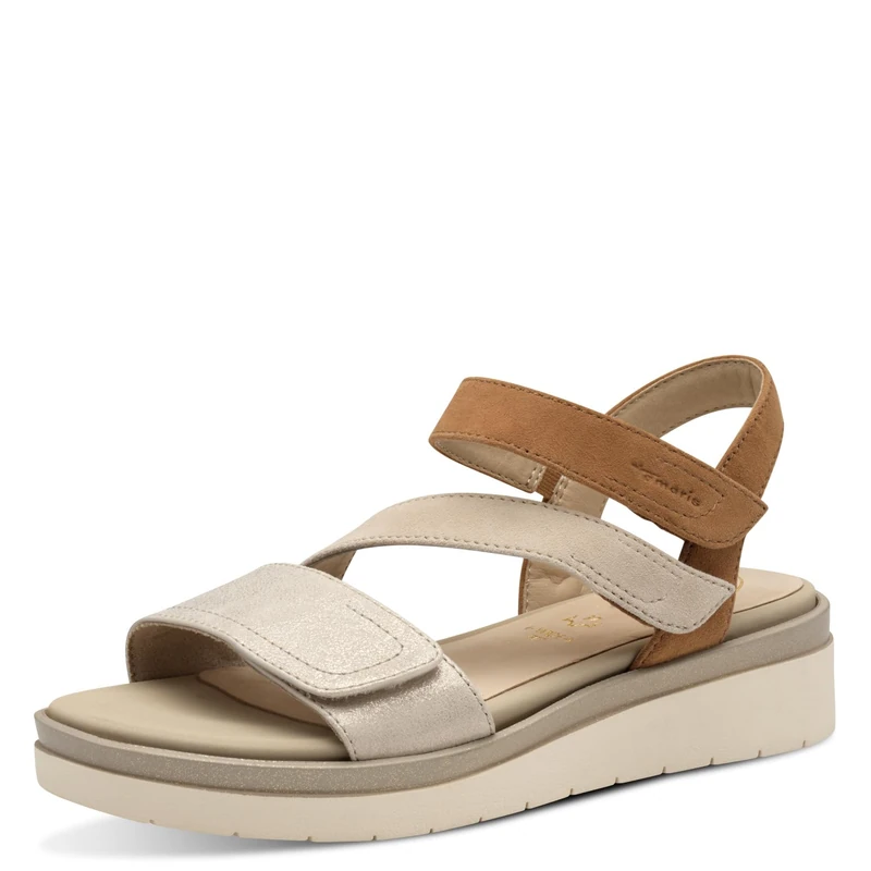 Tamaris Comfort Women’s Flat Leather Sandals with Velcro, Beige Comb, 6,5 UK