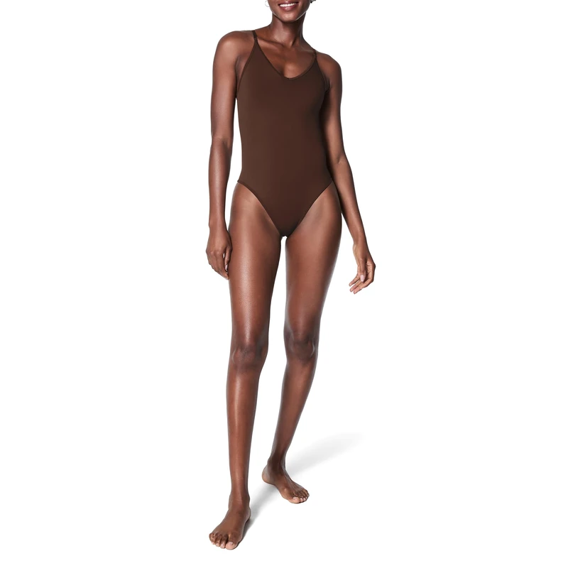 SPANX Women's Seamless Power High-Waisted Thong Shapewear Bodysuit, Chestnut Brown, L