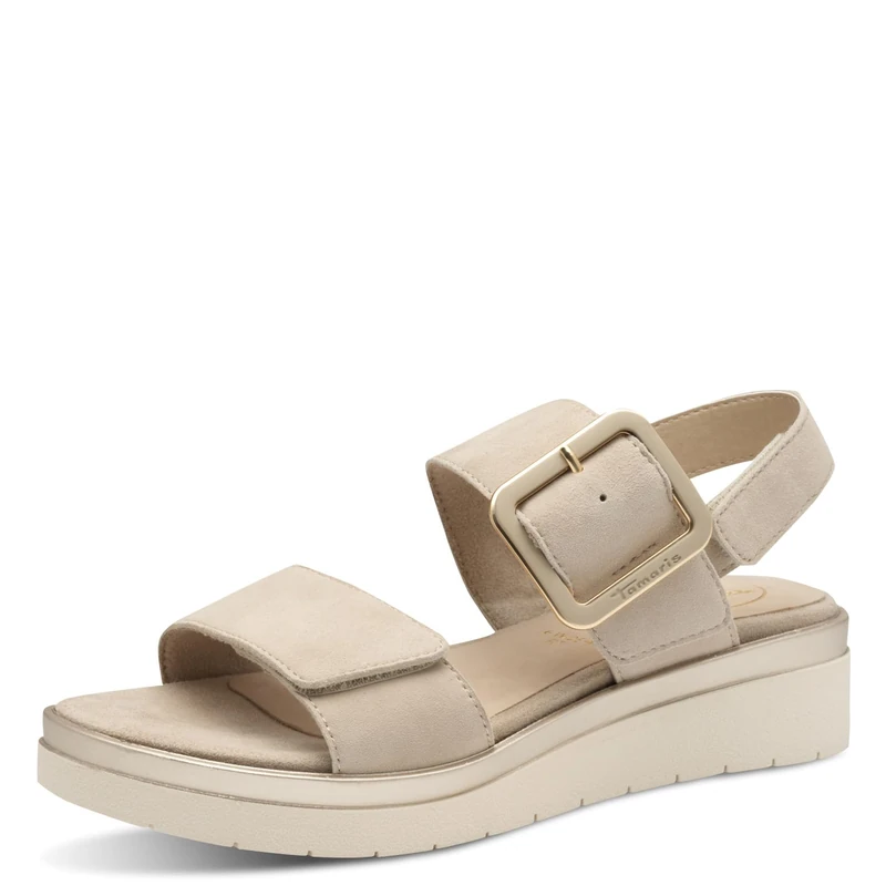 Tamaris Comfort Women’s Flat Leather Sandals with Buckle, Beige Suede, 5 UK