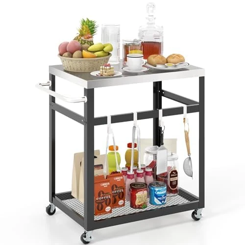 Generisch Outdoor Barbecue Table, Serving Trolley with 2 Shelves & 4 Wheels & Handle & 4 Hooks, Pizza Table Side Table Grill Trolley for Backyard, Garden, Patio (2 Shelves)