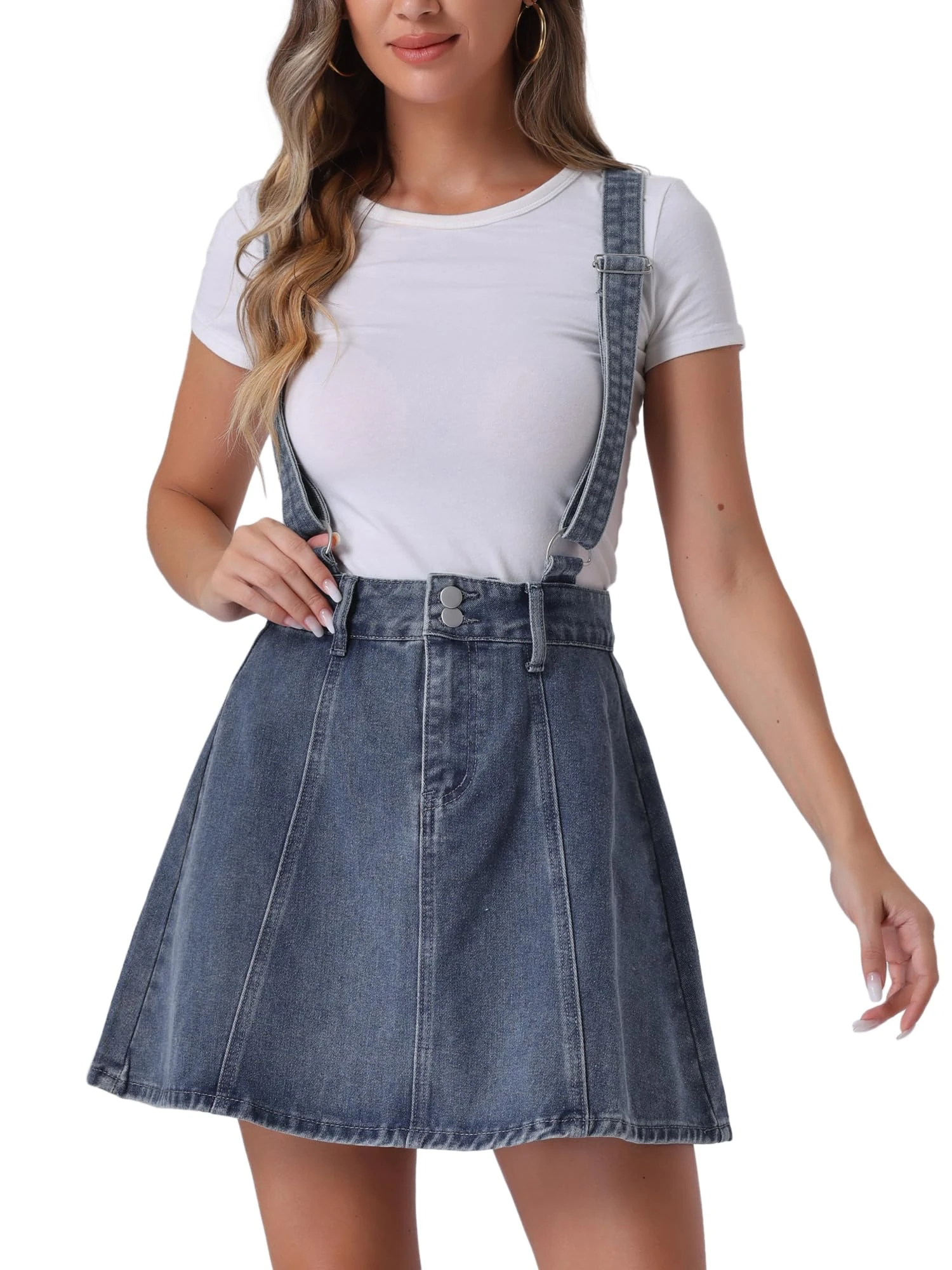 Allegra K Women's Washed Cotton Button Front Casual Mini Suspender Skirt Retro Blue XS