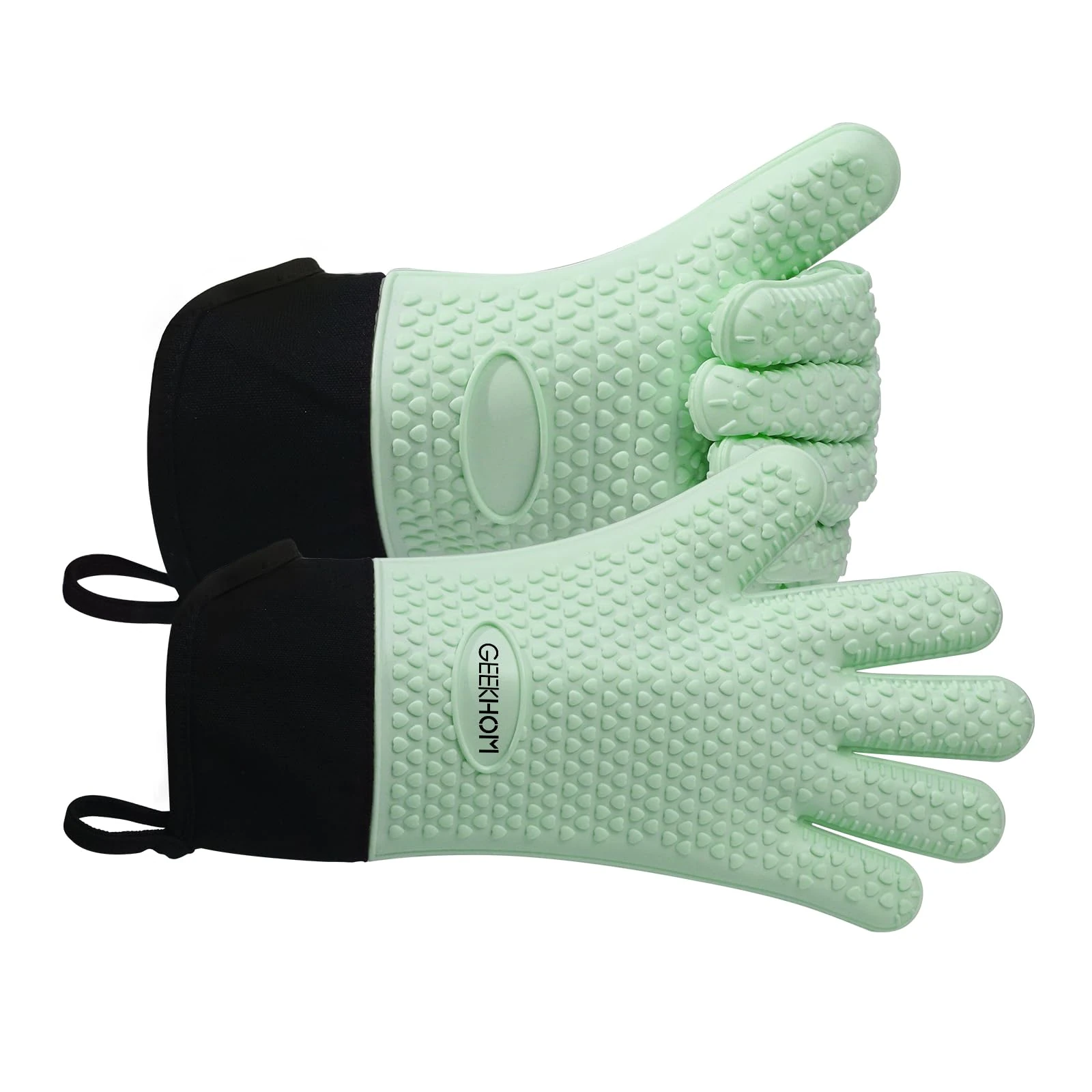GEEKHOM Silicone BBQ Gloves X-Large, Heat Resistant Kitchen Oven Mitts, Waterproof Oven Gloves, BBQ Grill Accessories for Baking, Fryer, Smoker, Weber, Microwave, Non-Slip Oil Resistant, Mint Green